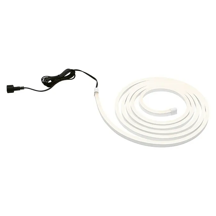 Paulmann LED-Band Simpled Outdoor - Länge: 3 m, Lichtfarbe: Warmweiß, 12 W, 1.260 lm - Nahaufnahme einer LED-Lichterkette, zusammengerollt mit Stromkabel und Stecker auf schwarzem Hintergrund.