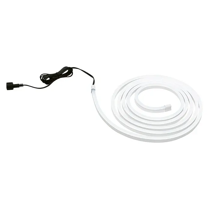 Paulmann LED-Band Simpled Outdoor - Länge: 3 m, Lichtfarbe: Kaltweiß, 12 W, 1.260 lm - Nahaufnahme einer LED-Neonröhre, aufgerollt und mit einem schwarzen Stromkabel verbunden, perfekt für moderne Beleuchtungsakzente.