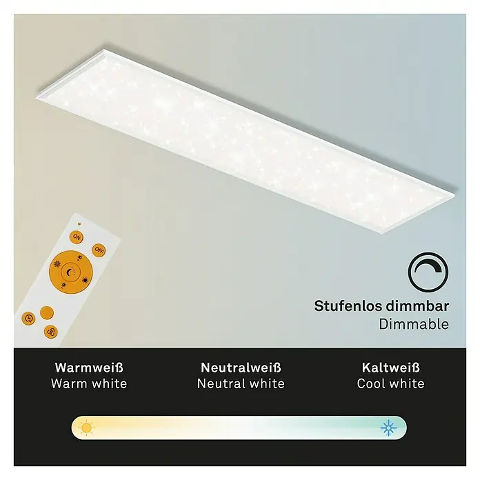 Briloner LED-Panel Sternenhimmel - 36 W, L x B x H: 119,5 x 29,5 x 6,5 cm, Weiß, Warmweiß - Ein rechteckiges LED-Panel mit Fernbedienung zur Steuerung von Helligkeit und Farbtemperatur für warmweißes bis kaltweißes Licht.