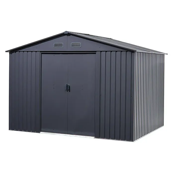 Floraworld Gerätehaus - Außenmaß inkl. Dachüberstand (B x T): 301 x 238 cm, Stahl - Metallgartenhaus in Anthrazit mit Doppeltür und Lüftungsgittern im Giebeldach für Werkzeuge und Gartengeräte.