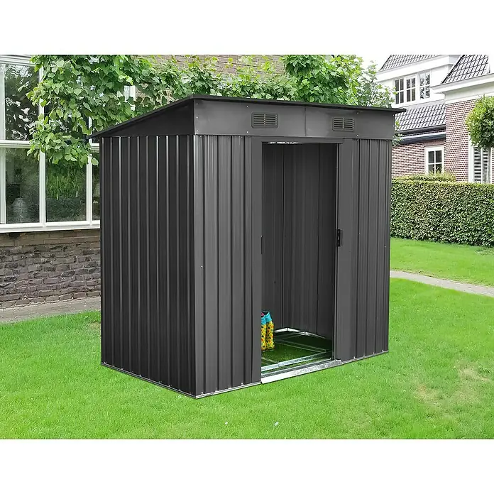 Floraworld Gerätehaus - Außenmaß inkl. Dachüberstand (B x T): 238 x 132 cm, Stahl - Ein modernes Metall-Gartenhaus in Anthrazit, ideal zur Aufbewahrung von Gartengeräten und -möbeln. Praktisch und stilvoll für jeden Garten.
