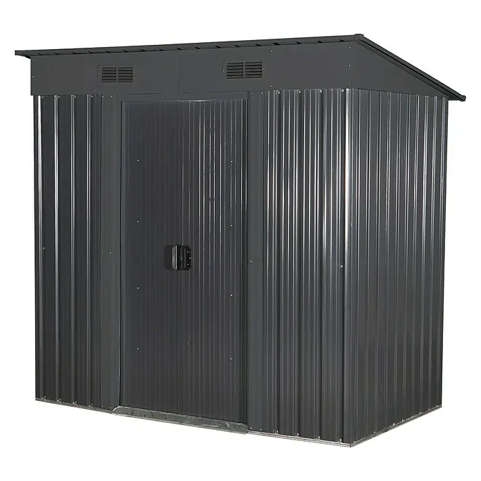 Floraworld Gerätehaus - Außenmaß inkl. Dachüberstand (B x T): 238 x 132 cm, Stahl - Ein grauer Metallgarten Schuppen, ideal für die Aufbewahrung von Gartengeräten und Werkzeugen. Der Schuppen hat eine Tür und ein schräges Dach.