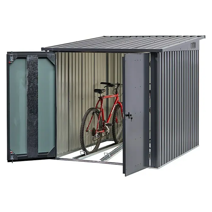 Floraworld Fahrradgarage - 204 x 163 x 163 cm, Stahl, Passend für: 3 Fahrräder bis 26″ - Geräumiger Fahrradschuppen mit geöffneten Türen und einem roten Fahrrad im Inneren, ideal für die sichere Aufbewahrung im Freien.