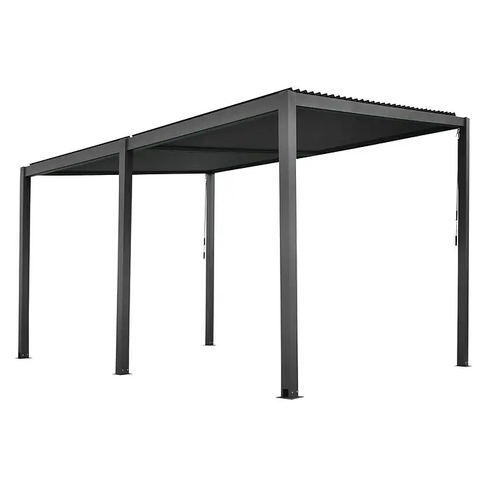 Floraworld Pergola - L x T: 400 x 310 cm - Bild eines modernen, grauen Pavillons mit robusten Pfosten und schlichtem Design, ideal für den Garten. Er bietet Schatten und Schutz im Außenbereich.
