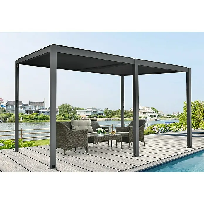 Floraworld Pergola - L x T: 400 x 310 cm - Elegante Pergola mit wetterfestem Sonnenschutz und stilvoller Outdoor-Möbelgarnitur für entspannte Stunden im Freien.