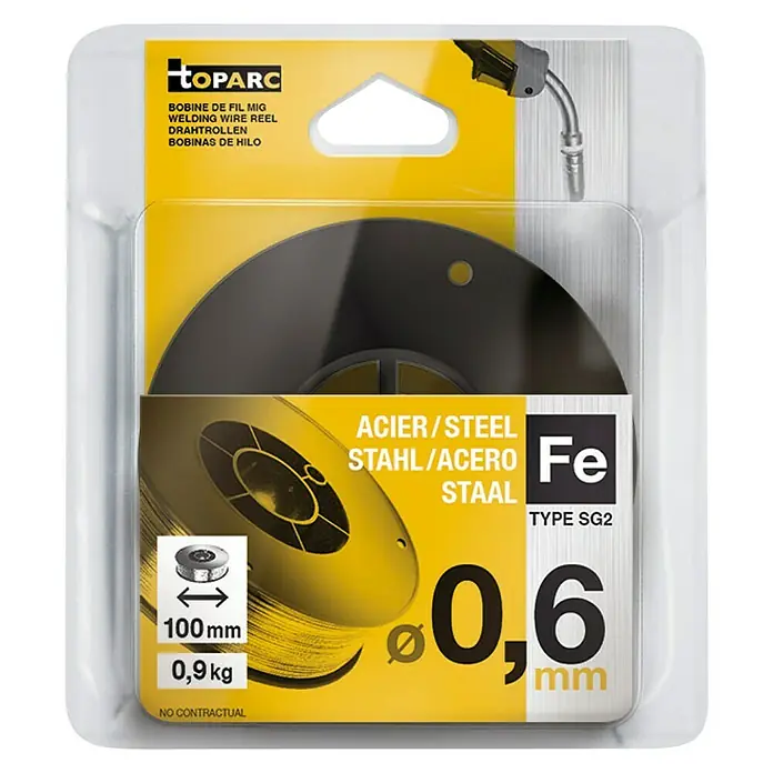Gys Schweißdraht G3Si1/ER70S-6 - Durchmesser: 0,6 mm - Nahaufnahme einer TOPARC Schweißdrahtspule, 0,6 mm Durchmesser, 0,9 kg, aus Stahl, verpackt in einer transparenten Kunststoffverpackung.