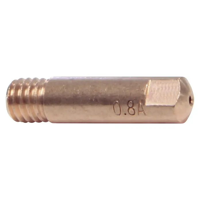 Gys Stromdüse - M 6, Durchmesser: 1 mm, Passend für: MIG-Brenner 250/300A, 10 Stk. - Nahaufnahme einer MIG/MAG-Schweißdüse aus Kupfer mit der Aufschrift "0.8A", die für präzise Schweißarbeiten unerlässlich ist.