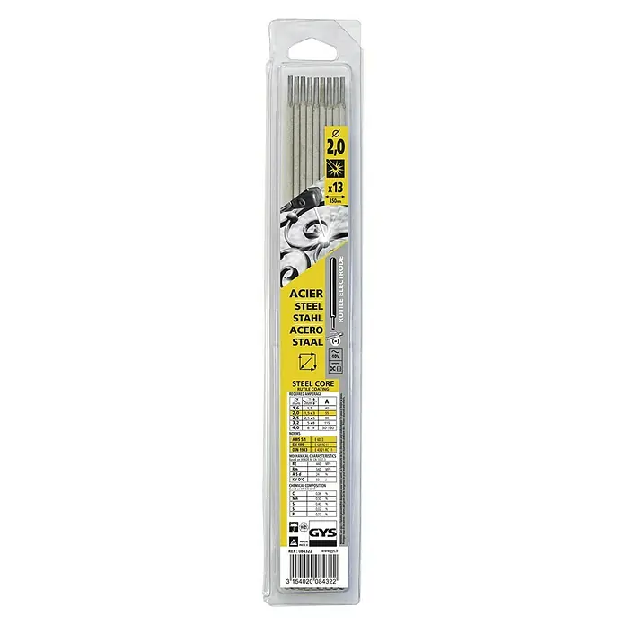 Gys Rutile Stahl-Elektrode - Durchmesser: 2 mm, 13 Stk. - Verpackung der GYS Schweißelektroden: Stahlkern, Rutilumhüllung, 2,0 x 350 mm, 13 Stück, geeignet für verschiedene Schweißarbeiten.