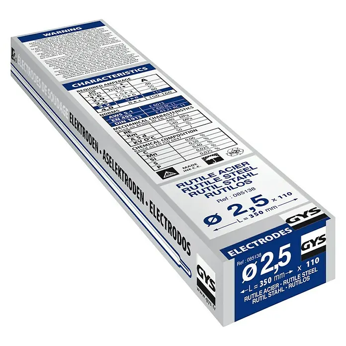 Gys Rutile Stahl-Elektrode - Durchmesser: 2,5 mm, 110 Stk. - Produktbild der GYS-Elektrodenpackung mit 2,5 mm Durchmesser, 350 mm Länge, ideal für Schweißarbeiten.