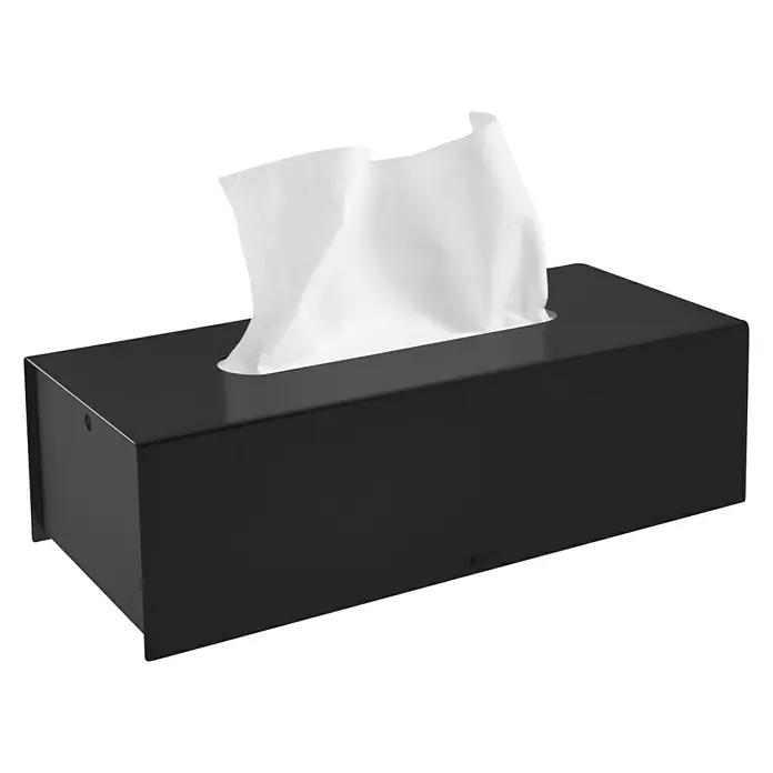 Zack Kosmetiktuchspender Puro - 11,8 x 25 x 8 cm, Schwarz - Ein rechteckiger, schwarzer Kosmetiktücher Spender mit weißen Taschentüchern, die aus der Öffnung ragen. Elegantes Design für Bad oder Büro.