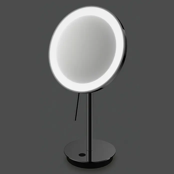 Zack Kosmetikspiegel Alona - 21 x 33,5 cm, Chrom, Vergrößerung 1: 100 %, Vergrößerung 2: 500 % - Nahaufnahme eines eleganten, runden Kosmetikspiegels mit LED-Beleuchtung und poliertem Chromfuß. Ideal für präzises Schminken.