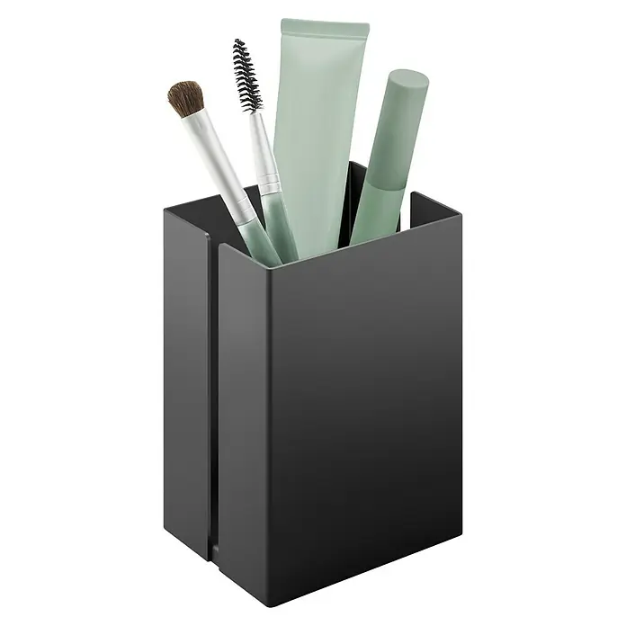 Zack Utensilienbox Potes - Edelstahl, Schwarz - Kosmetikpinsel und -produkte in einem stilvollen schwarzen Halter.