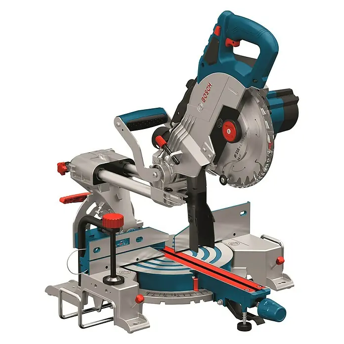 Bosch Professional AMPShare 18V Akku-Kapp- & Gehrungssäge 18V-216 Solo - 18 V, Ohne Akku, Durchmesser Sägeblatt: 216 mm - Bosch Kapp- und Gehrungssäge mit blauem Griff und silbernem Metallsockel. Ideal für präzise Holzschnitte und Winkelanpassungen.
