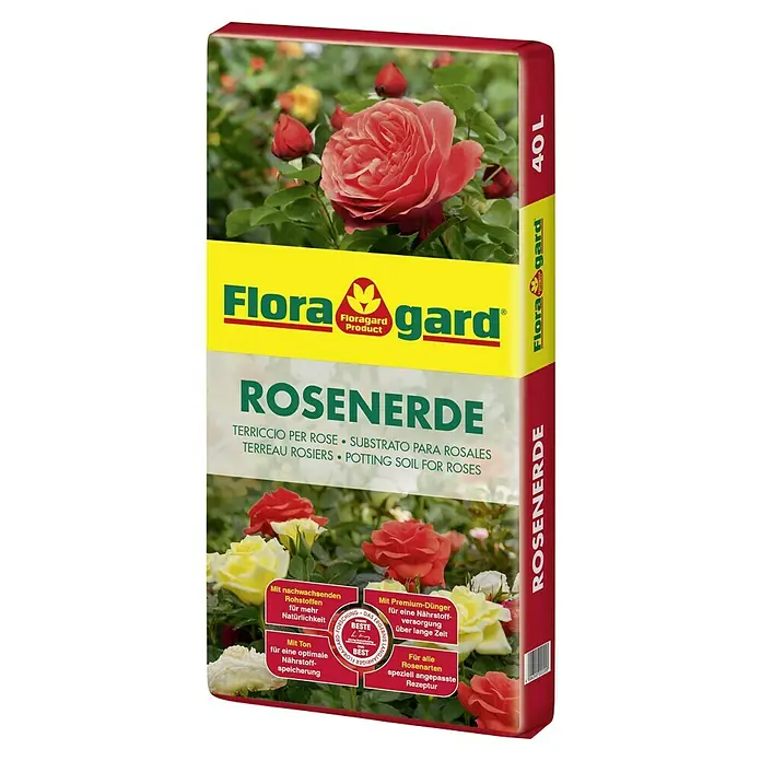 Floragard Rosenerde - 40 l - Packung Flora Gard Rosenerde mit Rosenblüten. Speziell für Rosen, mit Nährstoffen für lange Versorgung und natürlicher Zusammensetzung.