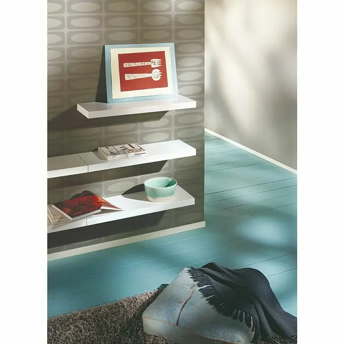 Dolle Wandboard Big Boy - L x B x H: 90 x 30 x 5 cm, Weiß, Belastbarkeit: 30 kg - Das Bild zeigt schwebende Regale an einer Wand mit verschiedenen Gegenständen darauf, darunter ein Bild, Bücher und eine Schale.