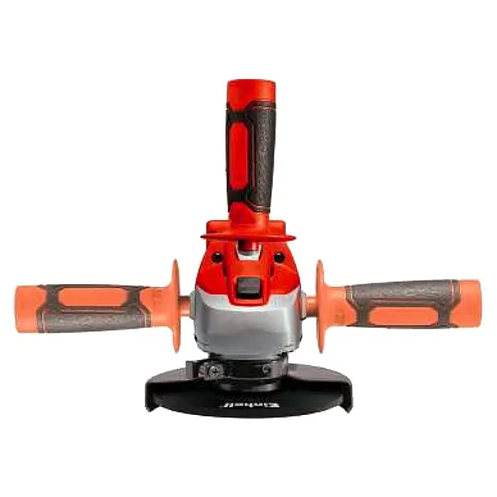 Einhell PXC 18V Amoladora angular de batería Axxio 18/115 Q - 18 V, Sin batería, Diámetro disco: 115 mm, 8.500 r.p.m. - La amoladora angular Einhell con tres mangos. La herramienta tiene un cuerpo rojo y plateado y está sobre un fondo negro.