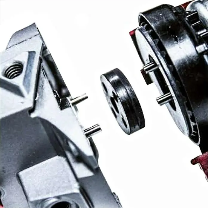Einhell PXC 18V Amoladora angular de batería Axxio 18/115 Q - 18 V, Sin batería, Diámetro disco: 115 mm, 8.500 r.p.m. - Piezas mecánicas metálicas plateadas y oscuras desmontadas con pasadores, listas para montar.