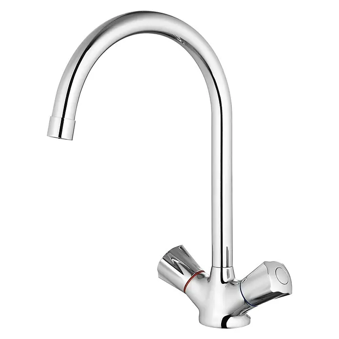 Camargue Spültischarmatur Classic - Niederdruck, Chrom, Glänzend - Ein glänzender Chrom-Wasserhahn mit zwei Griffen, die mit roten und blauen Markierungen versehen sind. Perfekt für Küche und Bad.