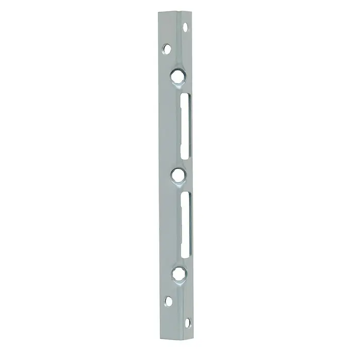 Abus Schließblech SSB 40025 x 25 x 300 mm - Detailansicht einer Schlossfalle aus Metall mit mehreren Aussparungen und Löchern. Ideal für Türbeschläge.