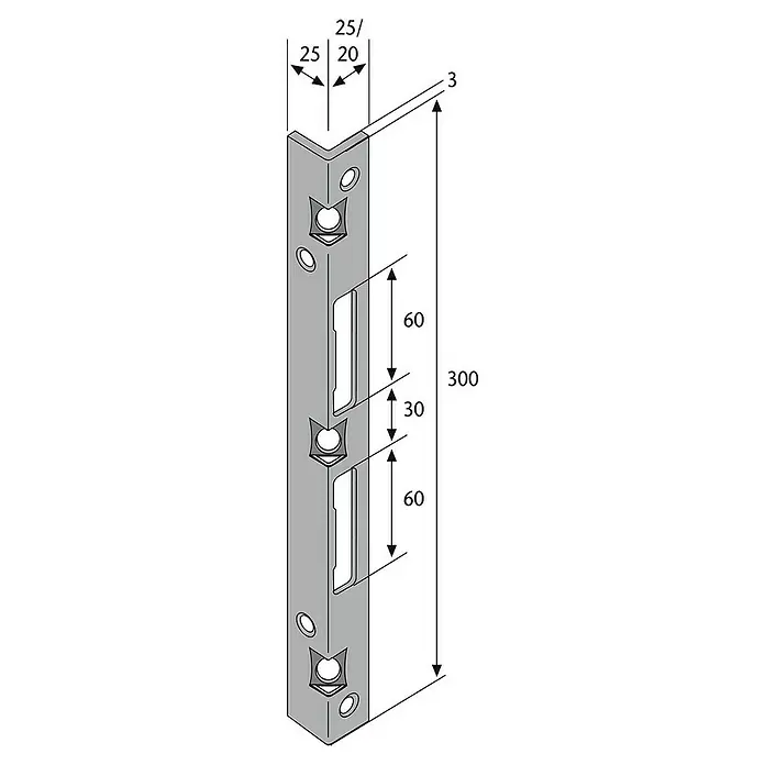 Abus Schließblech SSB 400 - 25 x 25 x 300 mm - Abbildung eines Türschließblechs mit detaillierten Maßangaben, die seine genauen Abmessungen und Designmerkmale hervorheben.