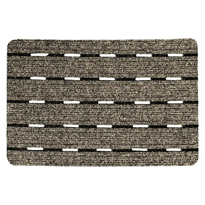 Astra Fußmatte Perfo Rips - Beige, 40 x 60 cm, 100 % Polypropylen - Eine rechteckige, braune Fußmatte mit horizontalen Streifen und abgerundeten Ecken auf schwarzem Hintergrund.