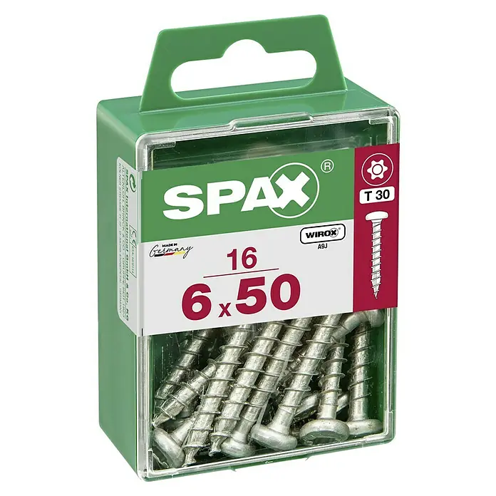 Spax Halbrundkopfschraube - 6 x 50 mm, Verzinkt, 16 Stk., TX für TORX-Antriebe - Bild einer Spax-Schraubenpackung (16 Stück, 6x50) mit T30-Torx-Antrieb, Wirox-Beschichtung, hergestellt in Deutschland, ideal für Holzkonstruktionen.