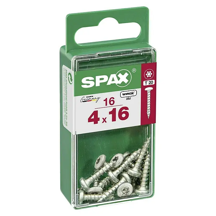 Spax Halbrundkopfschraube - 4 x 16 mm, Verzinkt, 16 Stk., TX für TORX-Antriebe - Eine Packung SPAX Schrauben 4x16 mm, hergestellt in Deutschland, mit WIROX A9J Beschichtung und T20 Torx-Antrieb für vielfältige Anwendungen.