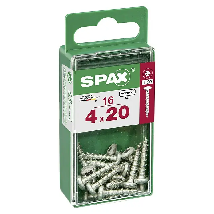 Spax Halbrundkopfschraube4 x 20 mm, Verzinkt, 16 Stk., TX für TORX-Antriebe - Eine Packung Spax Universalschrauben 4x20 mm mit Senkkopf und Torx-Antrieb, ideal für diverse Holzbauprojekte und Heimwerkerarbeiten.