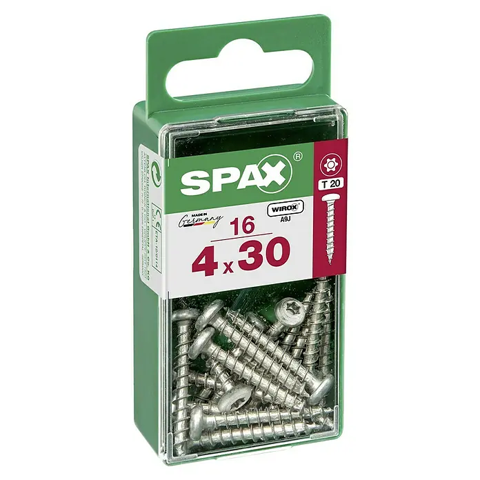 Spax Halbrundkopfschraube - 4 x 30 mm, Verzinkt, 16 Stk., TX für TORX-Antriebe - Packung Spax Universalschrauben 4x30 mm mit Senkkopf, Teilgewinde und T20-Antrieb für Holzkonstruktionen und Befestigungen im Innenbereich.