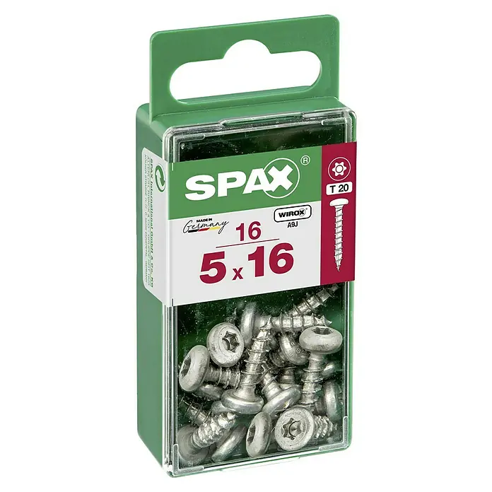 Spax Halbrundkopfschraube - 5 x 16 mm, Verzinkt, 16 Stk., TX für TORX-Antriebe - Dose SPAX Schrauben 5x16 mm, ideal für diverse Anwendungen. Hochwertige Verarbeitung und zuverlässige Leistung für professionelle Ergebnisse.