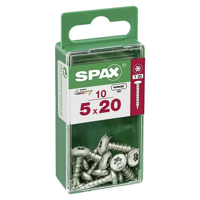 Spax Halbrundkopfschraube - 5 x 20 mm, Verzinkt, 10 Stk., TX für TORX-Antriebe - Dose mit 10 SPAX Universalschrauben 5x20 mm mit Senkkopf, Teilgewinde und T-STAR plus Antrieb. Ideal für Holzkonstruktionen.