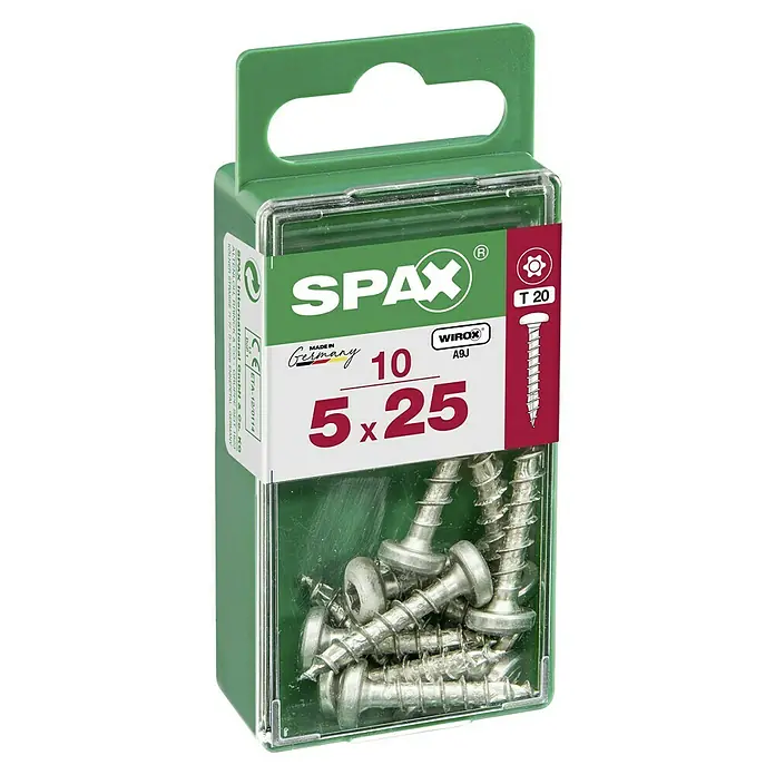 Spax Halbrundkopfschraube - 5 x 25 mm, Verzinkt, 10 Stk., TX für TORX-Antriebe - Verpackung mit 10 Spax-Senkkopfschrauben 5x25 mm, ideal für Holzverbindungen. Die Schrauben sind aus hochwertigem Material gefertigt.