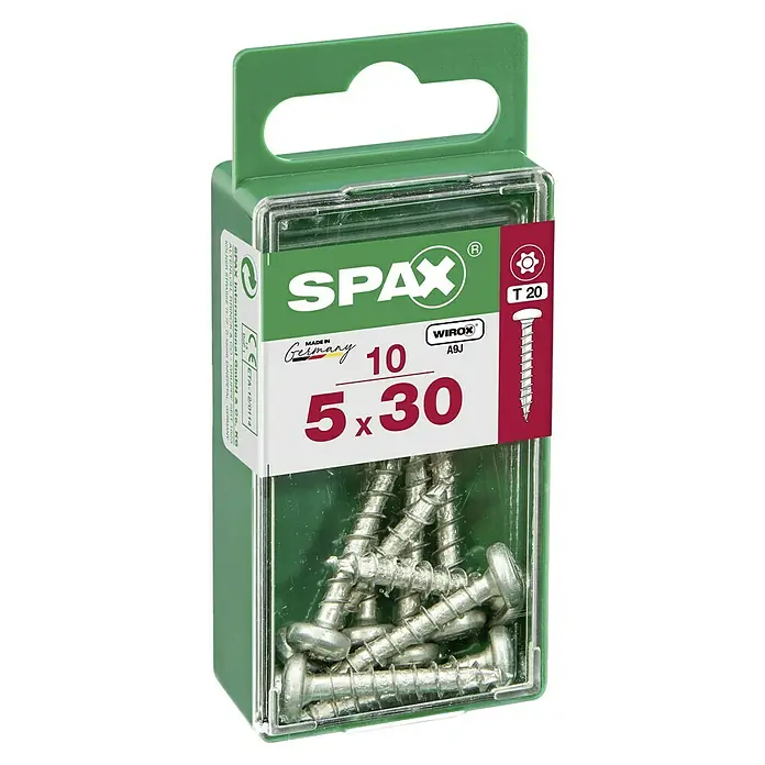 Spax Halbrundkopfschraube - 5 x 30 mm, Verzinkt, 10 Stk., TX für TORX-Antriebe - Eine Packung Spax-Schrauben 5x30 mit Torx-Antrieb, ideal für Holzverbindungen. Die Schrauben sind "Made in Germany" und garantieren hohe Qualität.