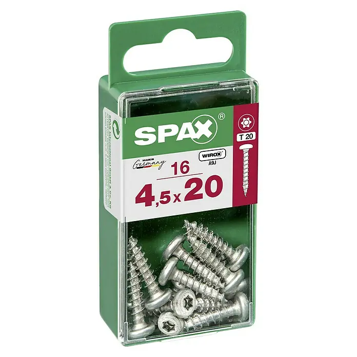 Spax Halbrundkopfschraube - 4,5 x 20 mm, Verzinkt, 16 Stk., TX für TORX-Antriebe - Nahaufnahme einer Spax Schraubenpackung 4,5x20 mm, ideal für Holzverbindungen, mit Torx T20 Antrieb und Wirox Beschichtung für erhöhten Korrosionsschutz.