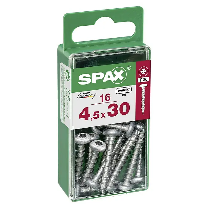 Spax Halbrundkopfschraube - 4,5 x 30 mm, Verzinkt, 16 Stk., TX für TORX-Antriebe - Packung mit Spax-Schrauben, Größe 4,5x30 mm, ideal für Holzverbindungen und Bauprojekte. Hochwertige Verarbeitung für zuverlässige Ergebnisse.