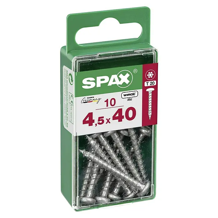Spax Halbrundkopfschraube - 4,5 x 40 mm, Verzinkt, 10 Stk., TX für TORX-Antriebe - Eine Packung SPAX Universalschrauben 4,5x40 mm, ideal für diverse Holzbauprojekte. Die Schrauben sind Made in Germany und haben einen T20 Torx-Antrieb.
