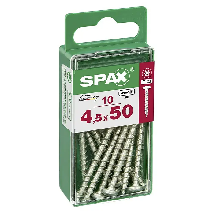 Spax Halbrundkopfschraube - 4,5 x 50 mm, Verzinkt, 10 Stk., TX für TORX-Antriebe - Eine Packung SPAX Universalschrauben 4,5x50 mm, ideal für diverse Holzbauprojekte. Perfekt für Heimwerker und Profis.