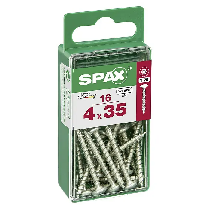 Spax Halbrundkopfschraube - 4 x 35 mm, Verzinkt, 16 Stk., TX für TORX-Antriebe - Verpackung Spax Schrauben 4x35 mm, T20 Antrieb, ideal für Holzverbindungen. Made in Germany, hohe Qualität und zuverlässige Leistung für Handwerker.