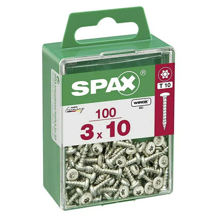 Spax Halbrundkopfschraube - 3 x 10 mm, Verzinkt, 100 Stk., TX für TORX-Antriebe - Packung Spax Universalschrauben 3 x 10 mm mit Senkkopf und T-STAR plus Antrieb. Ideal für Holzverbindungen im Innenbereich.