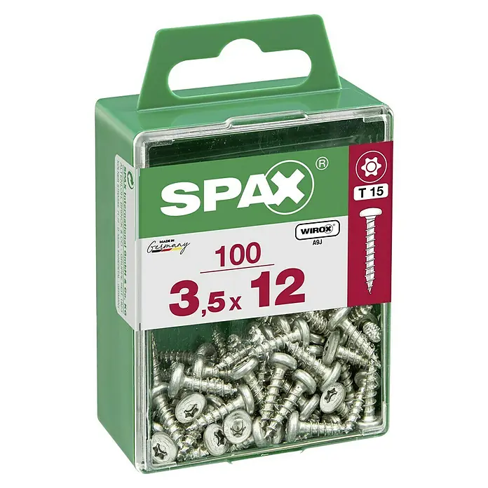 Spax Halbrundkopfschraube - 3,5 x 12 mm, Verzinkt, 100 Stk., TX für TORX-Antriebe - Dose mit 100 SPAX Universalschrauben 3,5x12 mm, ideal für diverse Holzkonstruktionen. Die Schrauben sind hochwertig und vielseitig einsetzbar.