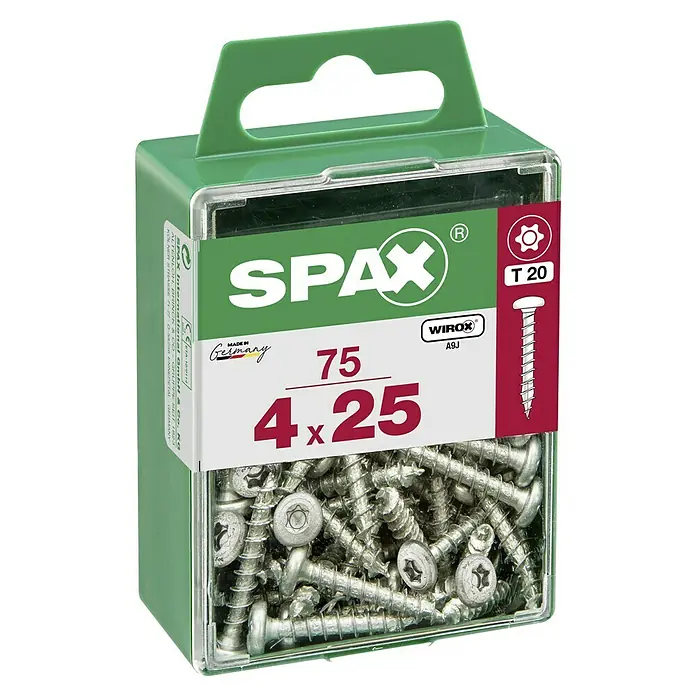 Spax Halbrundkopfschraube - 4 x 25 mm, Verzinkt, 75 Stk., TX für TORX-Antriebe - Dose mit SPAX Universalschrauben 4x25 mm, T20-Antrieb, ideal für Holzkonstruktionen und Heimwerkerprojekte. Zuverlässige Qualität aus Deutschland.