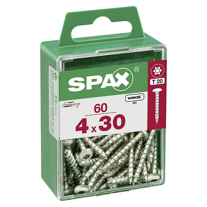 Spax Halbrundkopfschraube - 4 x 30 mm, Verzinkt, 60 Stk., TX für TORX-Antriebe - Dose Spax Schrauben 4x30 mm, 60 Stück, Torx T20, ideal für Holzkonstruktionen und Heimwerkerprojekte. Hergestellt in Deutschland mit Wirox Beschichtung.