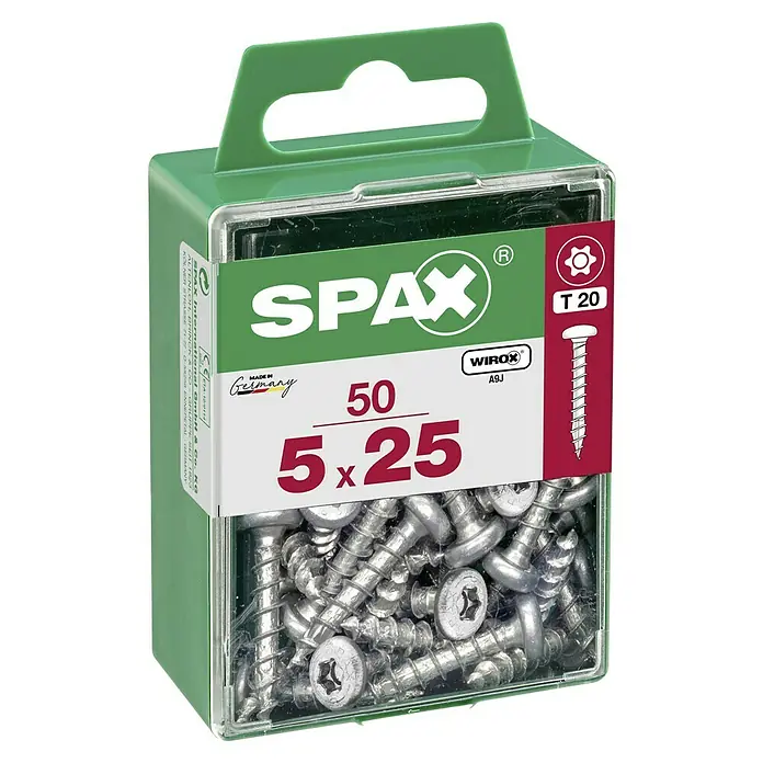 Spax Halbrundkopfschraube - 5 x 25 mm, Verzinkt, 50 Stk., TX für TORX-Antriebe - Eine Packung Spax-Schrauben 5x25 mm, T20, mit 50 Stück, ideal für diverse Befestigungsarbeiten im Haushalt und Handwerk.