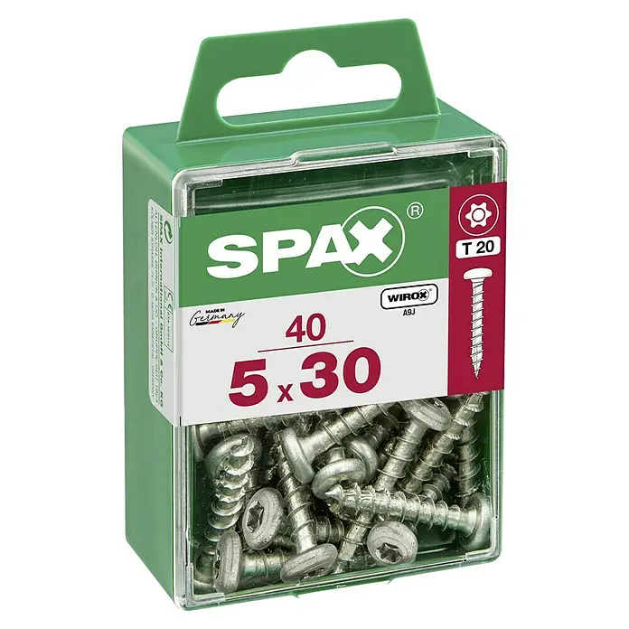 Spax Halbrundkopfschraube - 5 x 30 mm, Verzinkt, 40 Stk., TX für TORX-Antriebe - Abbildung einer Spax-Schraubenpackung. Diese Packung enthält 40 Spax-Schrauben mit den Maßen 5 x 30 und einem T20-Antrieb.