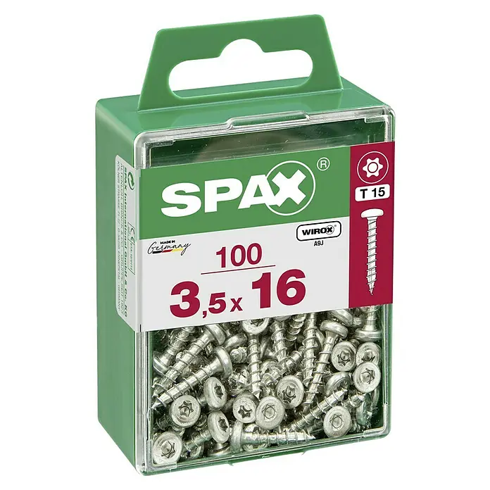 Spax Halbrundkopfschraube - 3,5 x 16 mm, Verzinkt, 100 Stk., TX für TORX-Antriebe - Produktbild einer Packung SPAX Schrauben, 3,5x16 mm, mit Torx T15 Aufnahme.