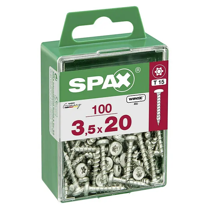 Spax Halbrundkopfschraube - 3,5 x 20 mm, Verzinkt, 100 Stk., TX für TORX-Antriebe - Dose mit 100 SPAX Universalschrauben, 3,5x20 mm, mit Senkkopf, Teilgewinde und T-STAR plus Antrieb für vielfältige Anwendungen.