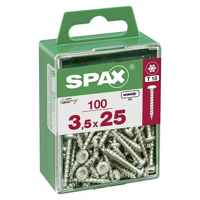 Spax Halbrundkopfschraube - 3,5 x 25 mm, Verzinkt, 100 Stk., TX für TORX-Antriebe - Dose mit 100 SPAX Universalschrauben 3,5x25 mm, ideal für vielfältige Anwendungen im Innen- und Außenbereich.
