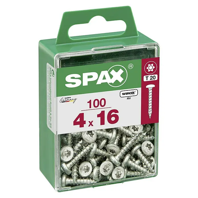 Spax Halbrundkopfschraube - 4 x 16 mm, Verzinkt, 100 Stk., TX für TORX-Antriebe - Dose mit 100 SPAX Schrauben, Größe 4x16 mm, mit WIROX-Beschichtung und T20 Torx-Antrieb, ideal für vielfältige Anwendungen im Innenbereich.