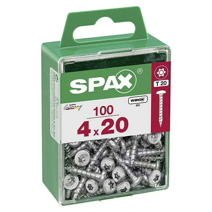 Spax Halbrundkopfschraube - 4 x 20 mm, Verzinkt, 100 Stk., TX für TORX-Antriebe - Dose mit 100 Spax Universalschrauben 4x20mm, ideal für vielfältige Anwendungen im Innen- und Außenbereich. Mit T20 Torx Antrieb für optimalen Halt.