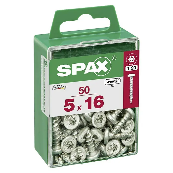 Spax Halbrundkopfschraube - 5 x 16 mm, Verzinkt, 50 Stk., TX für TORX-Antriebe - Bild einer Packung Spax-Schrauben 5x16 mm mit Torx-Antrieb T20, ideal für Holzverbindungen. Die Schrauben sind verzinkt und in Deutschland hergestellt.